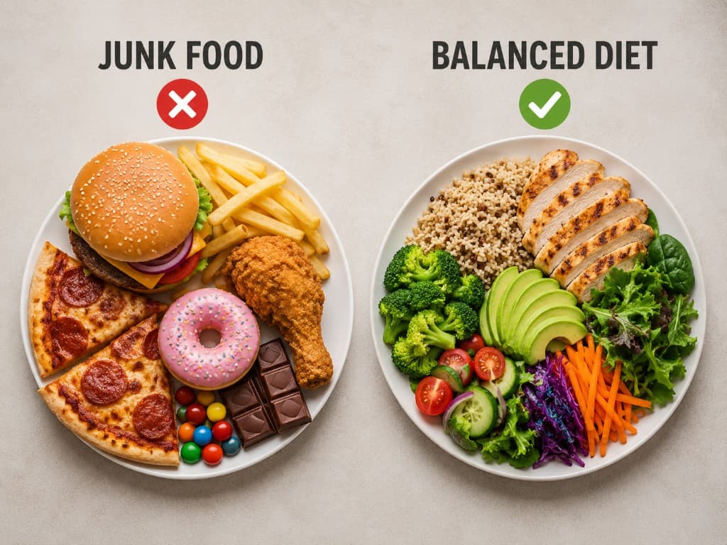 Comparison of a junk food plate versus a balanced diet plate